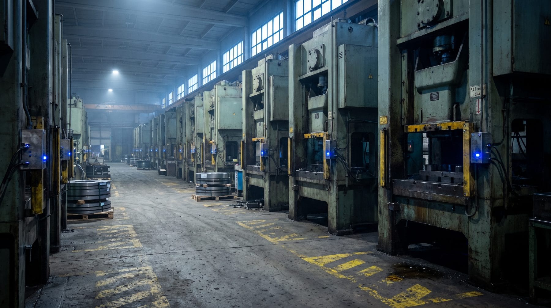 Rows of 40-year-old stamping presses fitted with clamp-on sensors